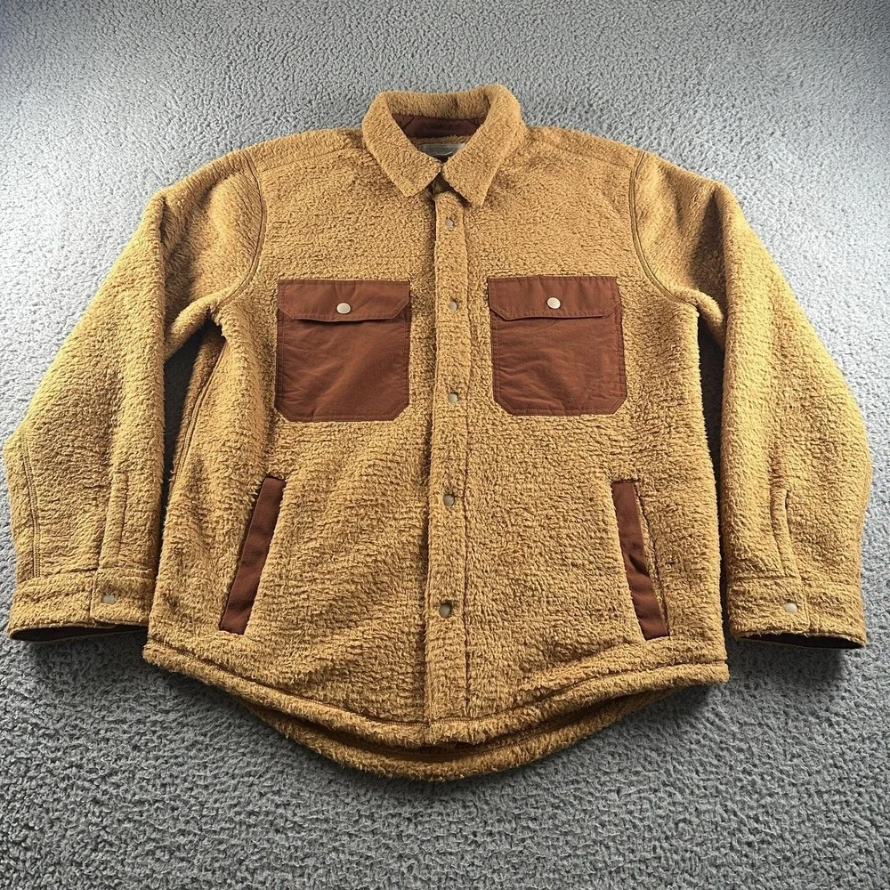 Outerknown Skyline Sherpa Fleece Shirt Jacket Mens L Brown Snap Front Shacket